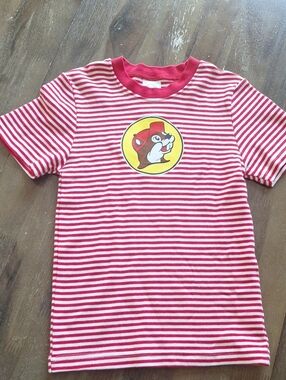 BUC-EE'S Red & White Striped Kids Tee with Cartoon Patch